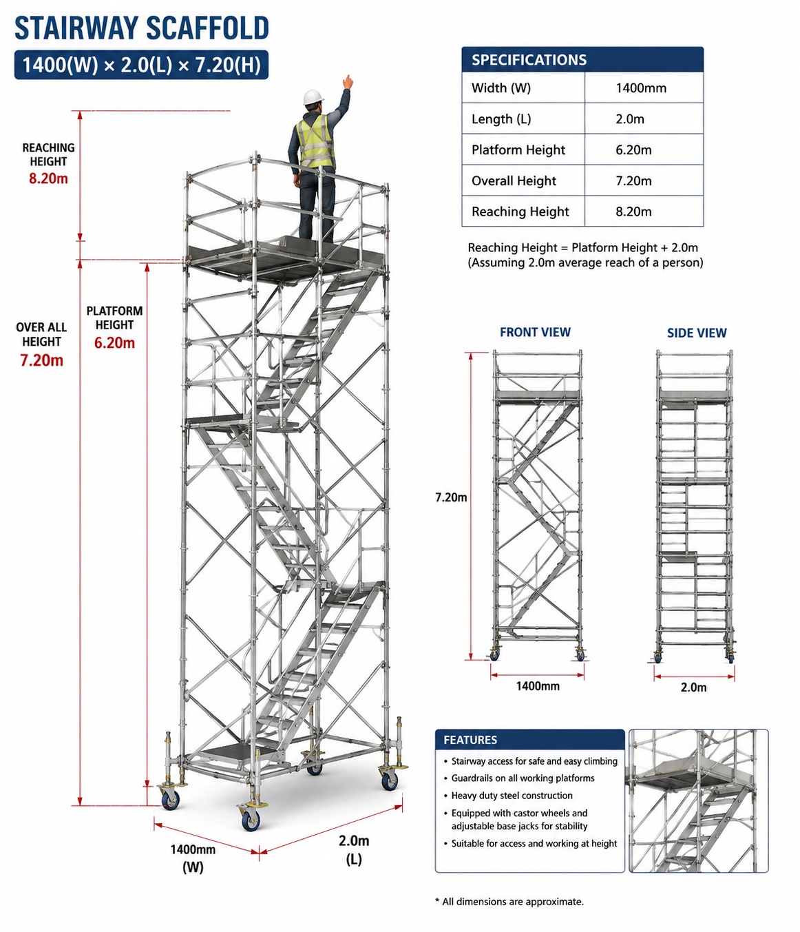 Stairway scaffold 1400(W) × 2.0(L) × 7.20(H) - Platform Height - 6.20m, Over All Height 7.20m, Reaching Height 8.20m