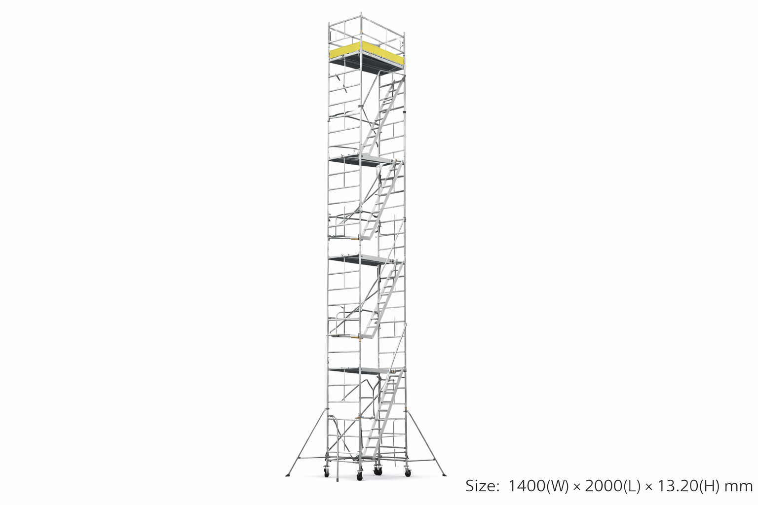 Mobile Stairway Scaffold – Size: 1400(W) x 2.0(L) x 13.20 (H) - Platform Height - 12.30m, Over All Height 13.30m, Reaching Height 14.30m