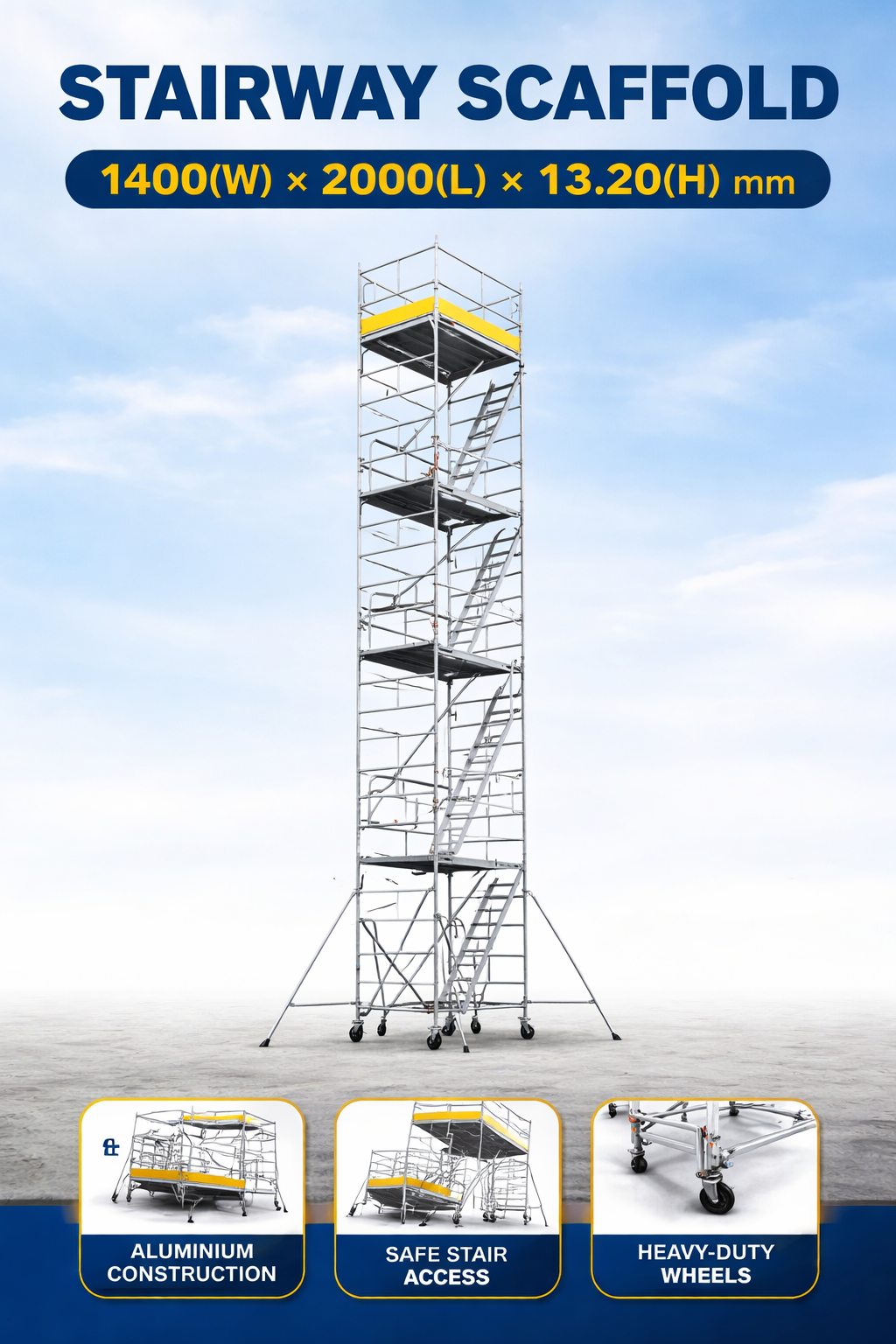 Mobile Stairway Scaffold – Size: 1400(W) x 2.0(L) x 13.20 (H) - Platform Height - 12.30m, Over All Height 13.30m, Reaching Height 14.30m